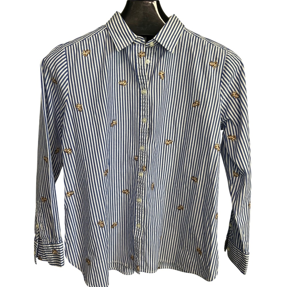 Loft Womens Blue‎ White Striped Embroidered Bulldog Button Down Shirt Large L